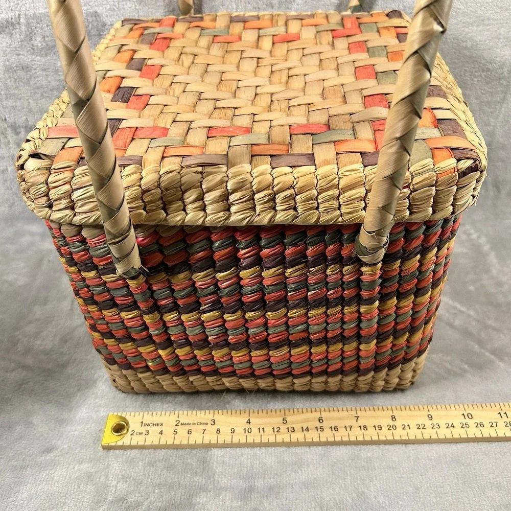 Mexican Square Basket W/‎ Handles & Lid, Colorful Woven Straw Boho Picnic Beach